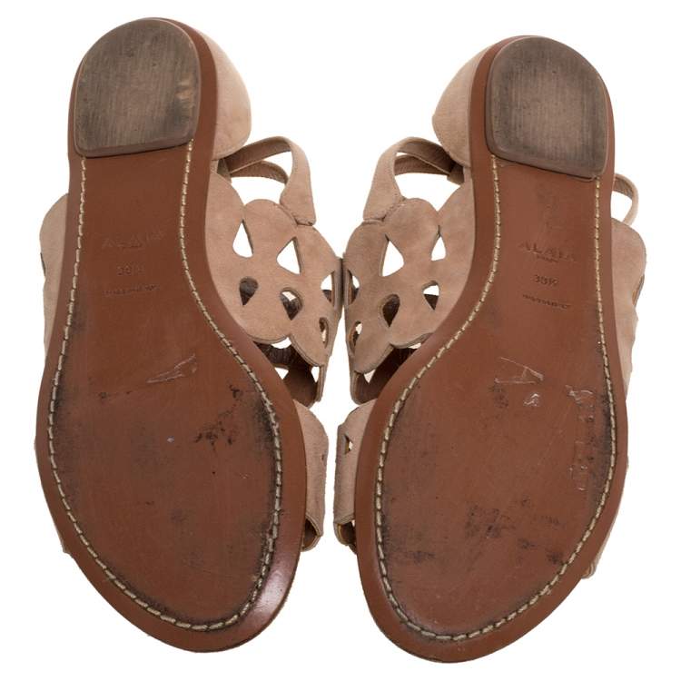 Pre Owned Alaia Beige Laser Cut Suede Open Toe Flat Sandals Size 38.5