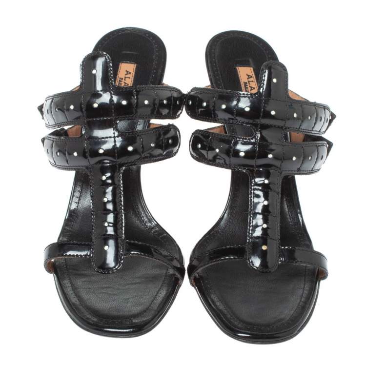 Pre Owned Alaia Black Patent Leather Open Toe Sandals Size 39