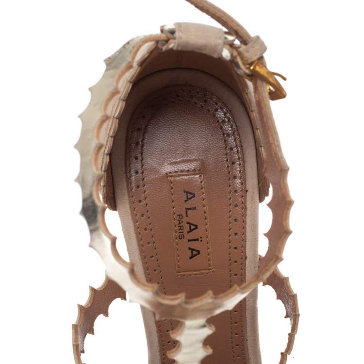 Pre Owned Alaia Beige Suede Laser Cut Ankle Strap Sandals Size 36