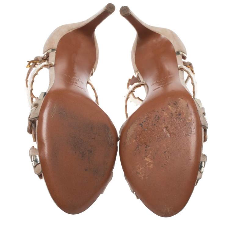 Pre Owned Alaia Beige Suede Laser Cut Ankle Strap Sandals Size 36