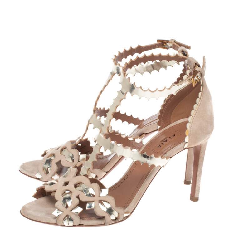 Pre Owned Alaia Beige Suede Laser Cut Ankle Strap Sandals Size 36