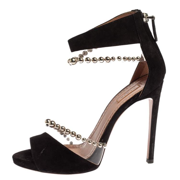 Pre Owned Alaia Black Suede And Pvc Bead Embellished Ankle Strap Sandals Size 37