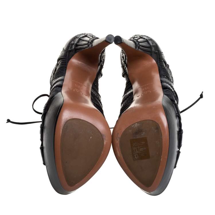 Pre Owned Alaia Black Leather Woven Lace Up Platform Sandals Size 38.5