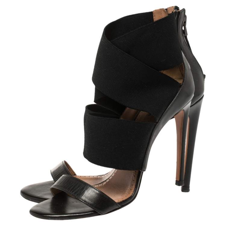 Pre Owned Alaia Black Leather And Fabric Open Toe Ankle Strap Zipper Sandals Size 36