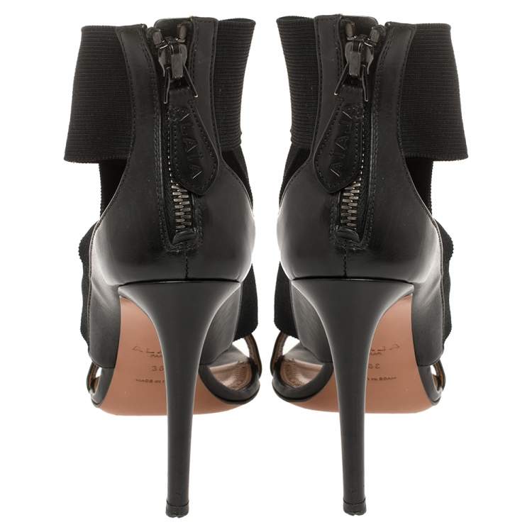 Pre Owned Alaia Black Leather And Fabric Open Toe Ankle Strap Zipper Sandals Size 36