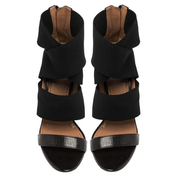 Pre Owned Alaia Black Leather And Fabric Open Toe Ankle Strap Zipper Sandals Size 36