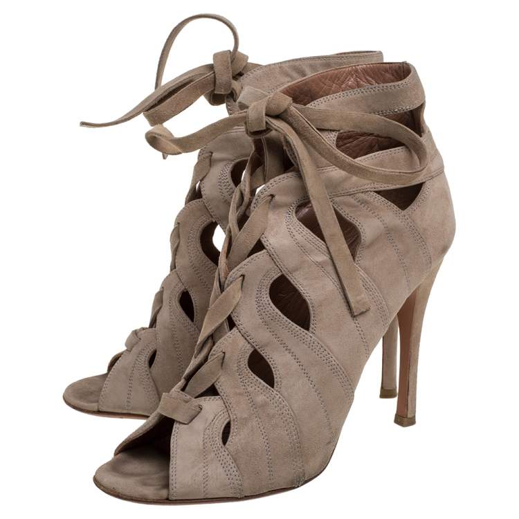 Pre Owned Alaia Beige Cut Out Suede Lace Up Peep Toe Ankle Booties Size 37.5