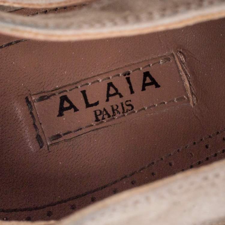 Pre Owned Alaia Beige Cut Out Suede Lace Up Peep Toe Ankle Booties Size 37.5