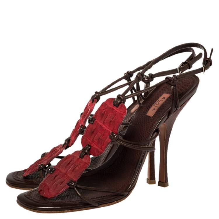 Pre Owned Alaia Red/Brown Croc Leather And Leather Strappy Sandals Size 39