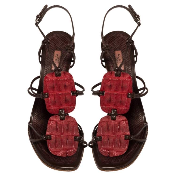 Pre Owned Alaia Red/Brown Croc Leather And Leather Strappy Sandals Size 39