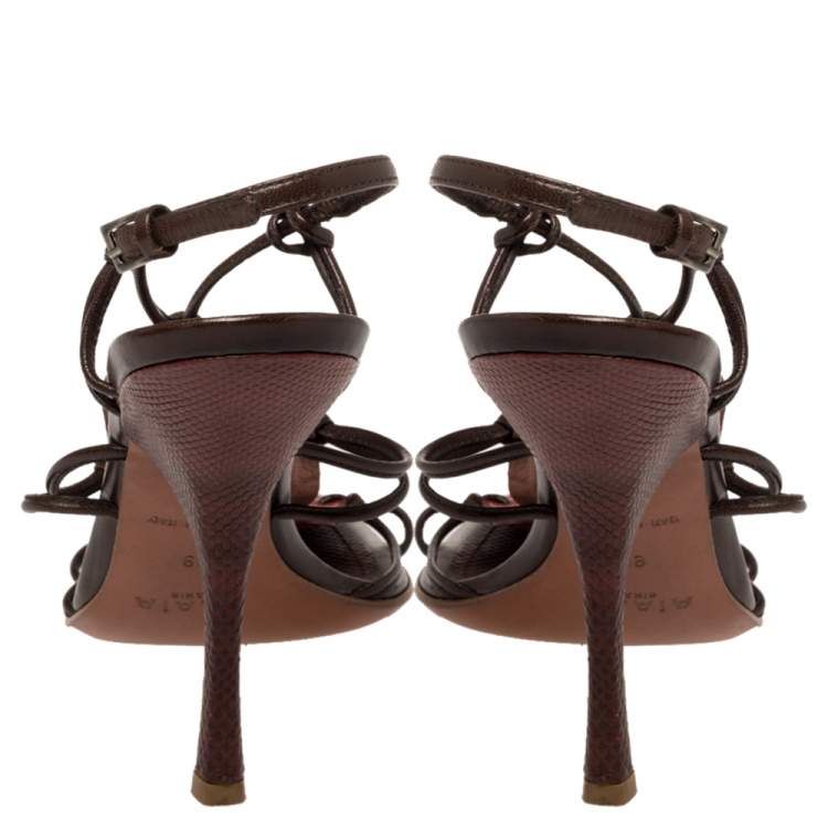 Pre Owned Alaia Red/Brown Croc Leather And Leather Strappy Sandals Size 39