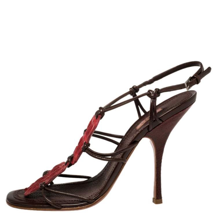 Pre Owned Alaia Red/Brown Croc Leather And Leather Strappy Sandals Size 39