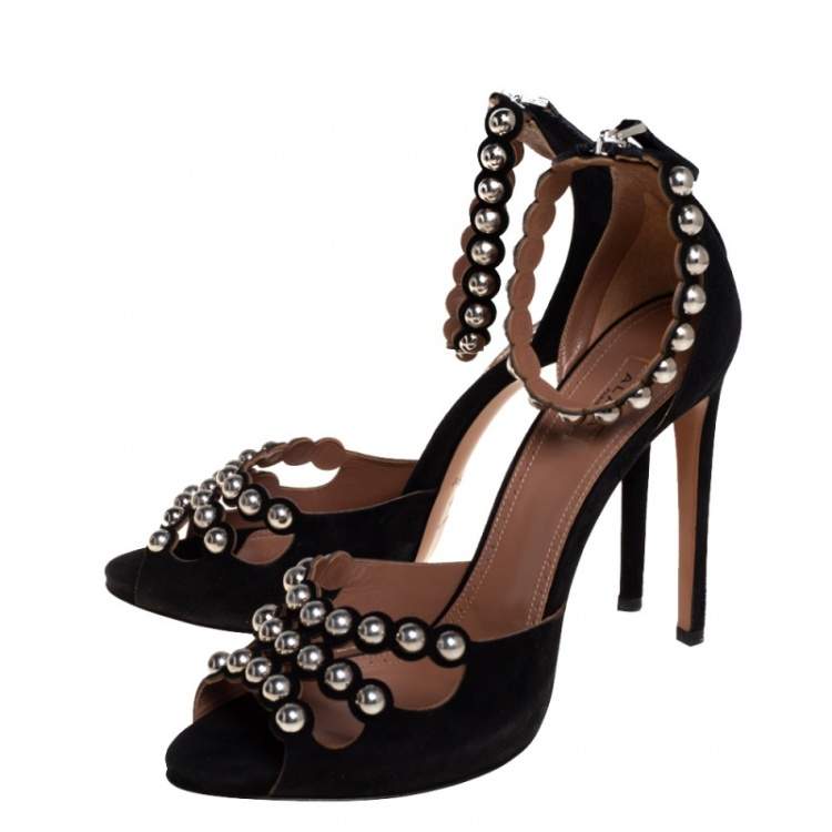 Pre Owned Alaia Black Suede Studded Ankle Strap Sandals Size 40