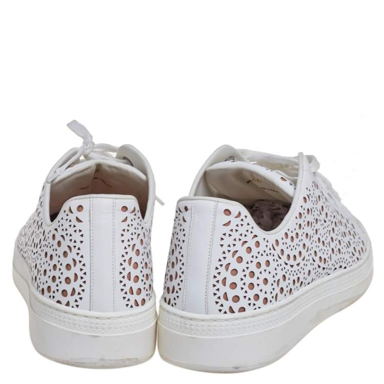 Pre Owned Alaia White Laser Cut Leather Lace Up Sneakers Size 40