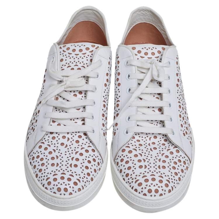 Pre Owned Alaia White Laser Cut Leather Lace Up Sneakers Size 40