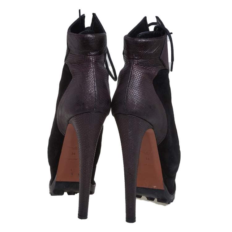 Pre Owned Alaia Black/Brown Suede And Leather Platform Lace Up Ankle Booties Size 36
