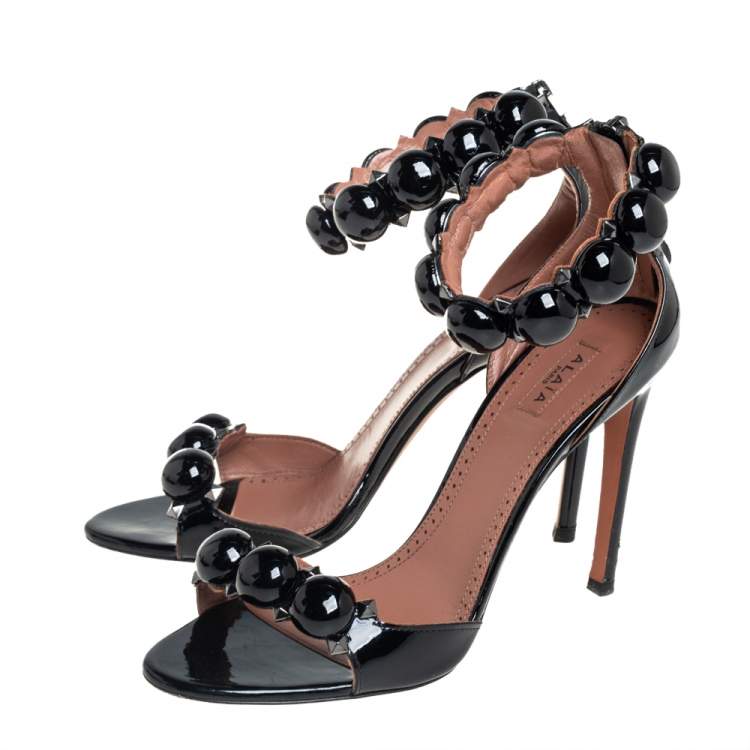Pre Owned Alaia Black Patent Leather Chamois Bombe Ankle Cuff Sandals Size 37.5