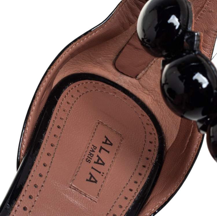Pre Owned Alaia Black Patent Leather Chamois Bombe Ankle Cuff Sandals Size 37.5