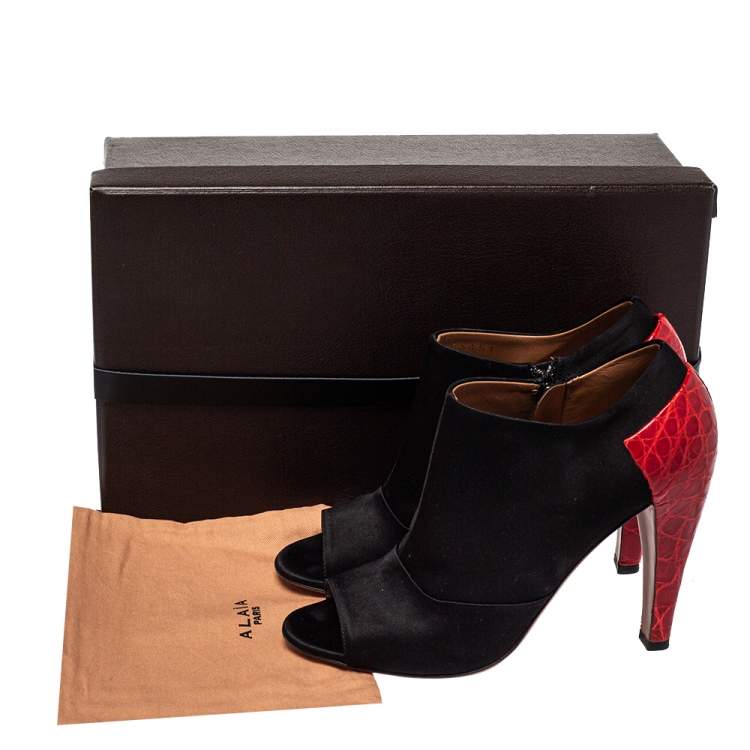 Pre Owned Alaia Black/Red Satin And Croc Embossed Leather Ankle Boots Size 39
