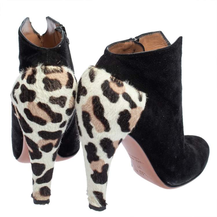 Pre Owned Alaia Black Suede And Leopard Print Calf Hair Booties Size 37