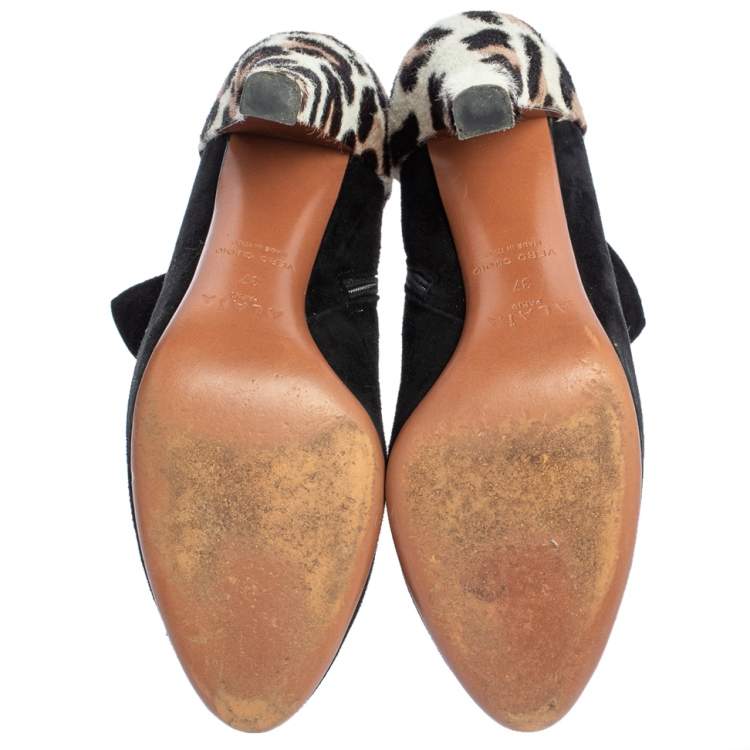 Pre Owned Alaia Black Suede And Leopard Print Calf Hair Booties Size 37