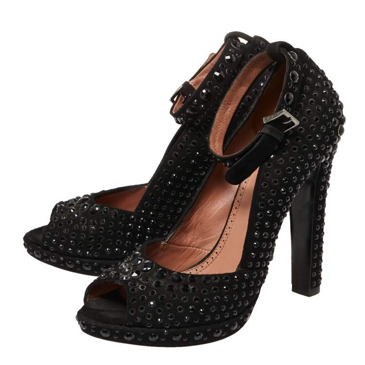 Pre Owned Alaia Black Suede Embellished Peep Toe Ankle Strap Pumps Size 39