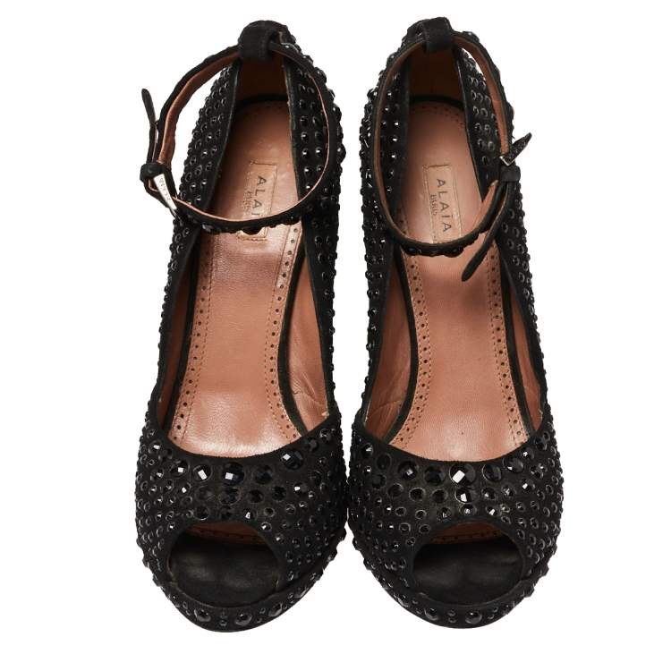 Pre Owned Alaia Black Suede Embellished Peep Toe Ankle Strap Pumps Size 39