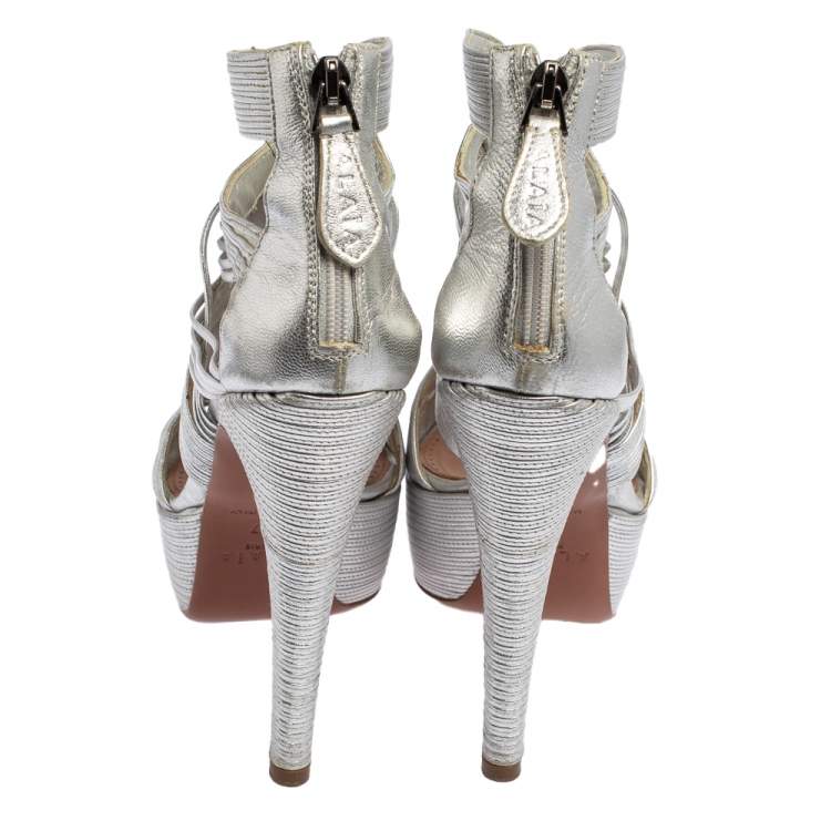 Pre Owned Alaia  Silver Leather Cage Wave Platform Sandals Size 37
