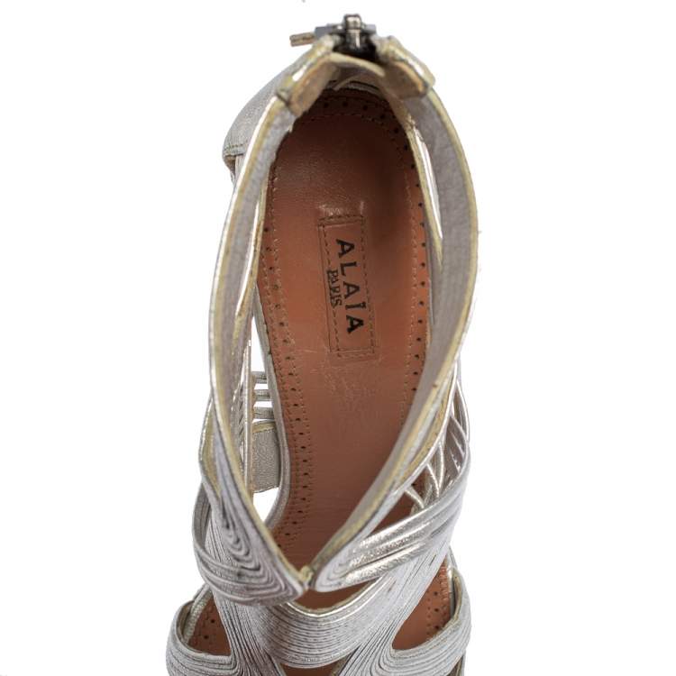 Pre Owned Alaia  Silver Leather Cage Wave Platform Sandals Size 37