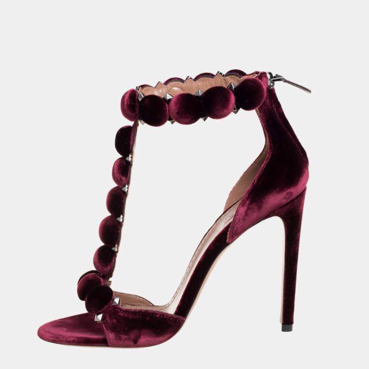 Alaia Burgundy Velvet Studded 'Bombe' T-Strap Ankle Cuff Sandals Size ...