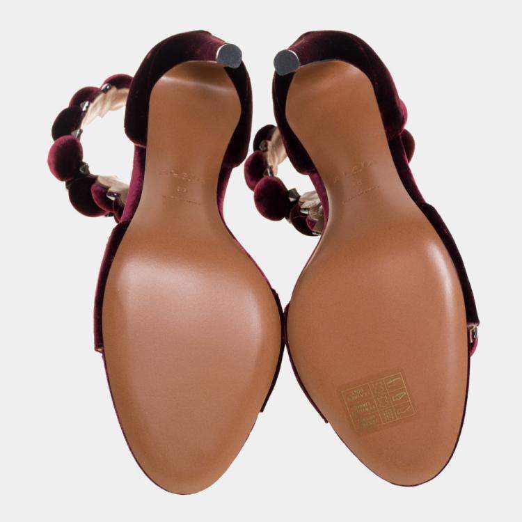 Pre Owned Alaia Burgundy Velvet Studded 'Bombe' T-Strap Ankle Cuff Sandals Size 39