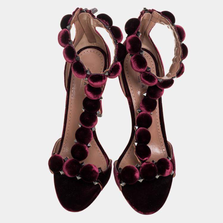 Pre Owned Alaia Burgundy Velvet Studded 'Bombe' T-Strap Ankle Cuff Sandals Size 39