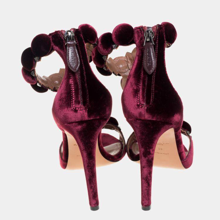 Pre Owned Alaia Burgundy Velvet Studded 'Bombe' T-Strap Ankle Cuff Sandals Size 39