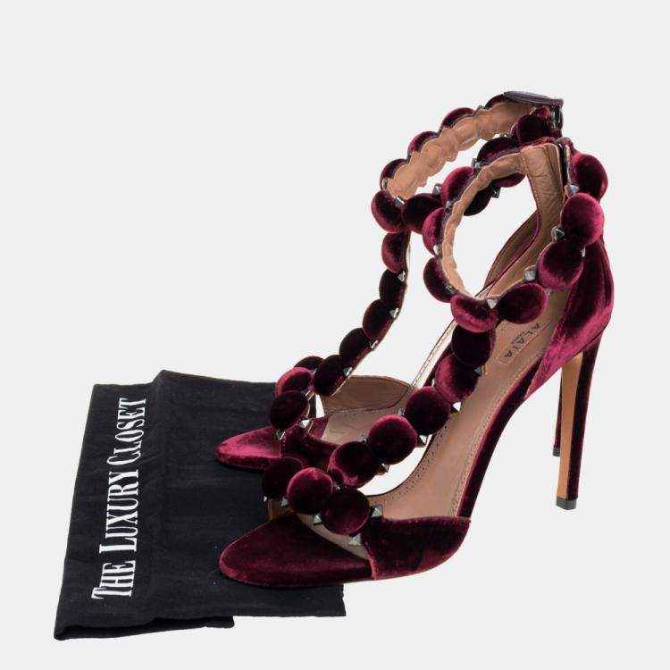 Pre Owned Alaia Burgundy Velvet Studded 'Bombe' T-Strap Ankle Cuff Sandals Size 39