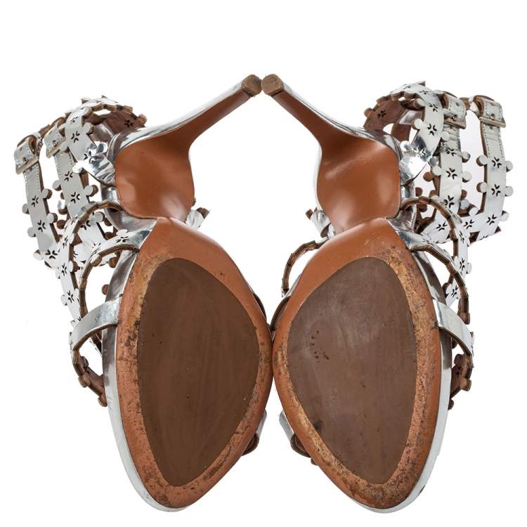 Pre Owned Alaia Silver Patent Leather Caged Sandals Size 41