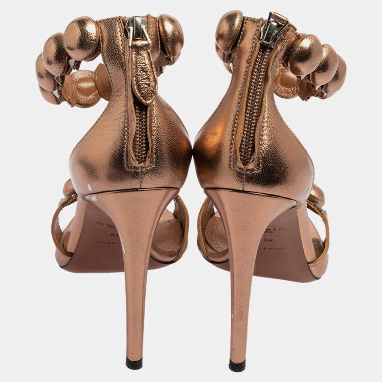 Pre Owned Alaia Metallic Bronze Leather Bombe Ankle Strap Sandals Size 39