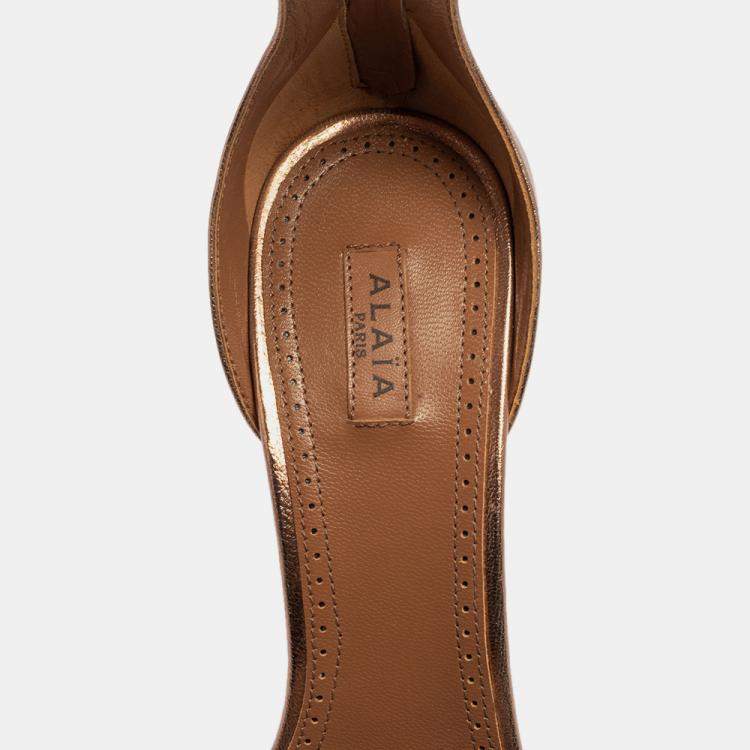 Pre Owned Alaia Metallic Bronze Leather Bombe Ankle Strap Sandals Size 39