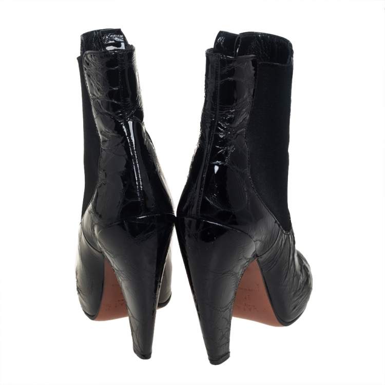 Pre Owned Alaia Black Textured Patent Leather Chelsea Ankle Boots Size 37