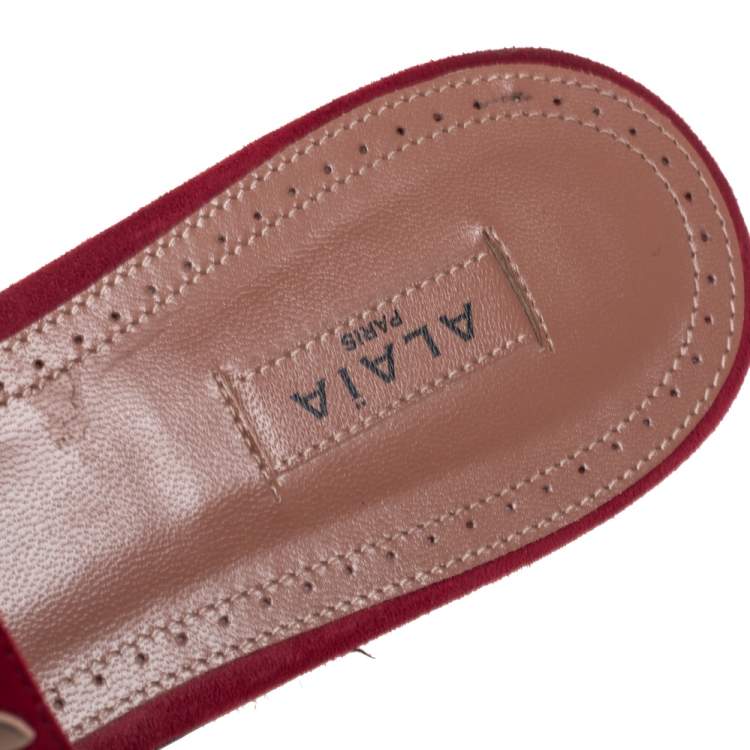 Pre Owned Alaia Red/Bronze Suede Embellished Flat Slides Size 37