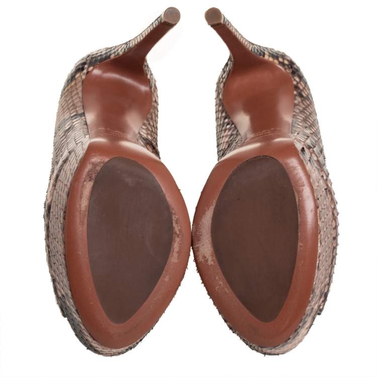 Pre Owned Alaia Brown/Beige Python Leather Peep Toe Pumps Size 36.5 