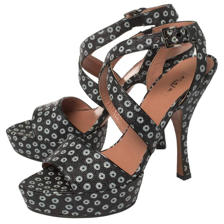 Pre Owned Alaia Blue/Black Canvas  Floral Print Platform Sandals Size 39