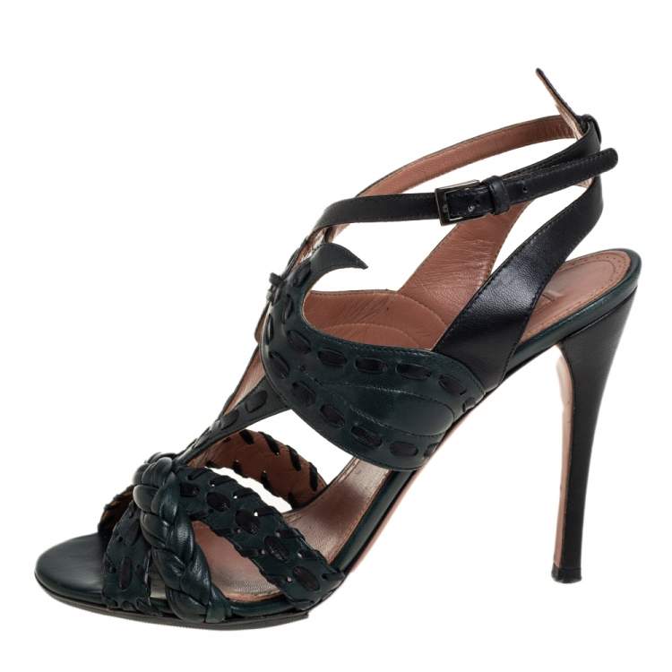 Pre Owned Alaia Grey/Black Braided Leather Ankle Strap Sandals Size 39.5