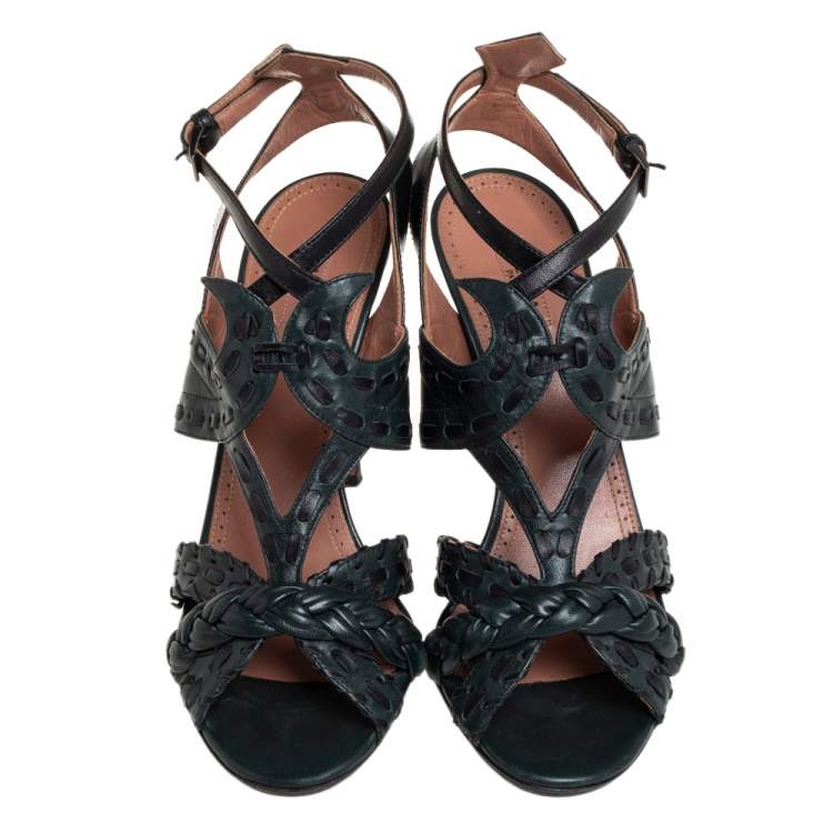 Pre Owned Alaia Grey/Black Braided Leather Ankle Strap Sandals Size 39.5