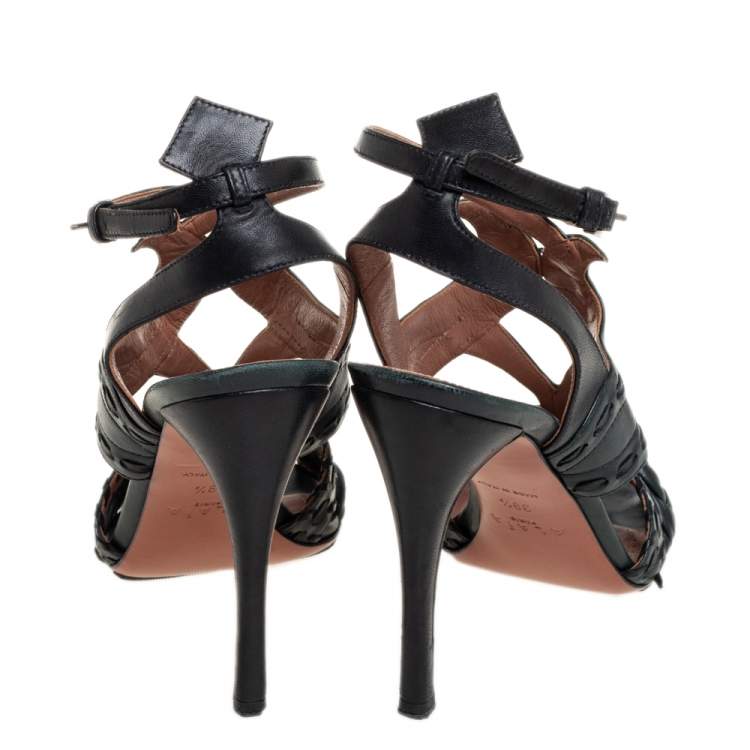 Pre Owned Alaia Grey/Black Braided Leather Ankle Strap Sandals Size 39.5
