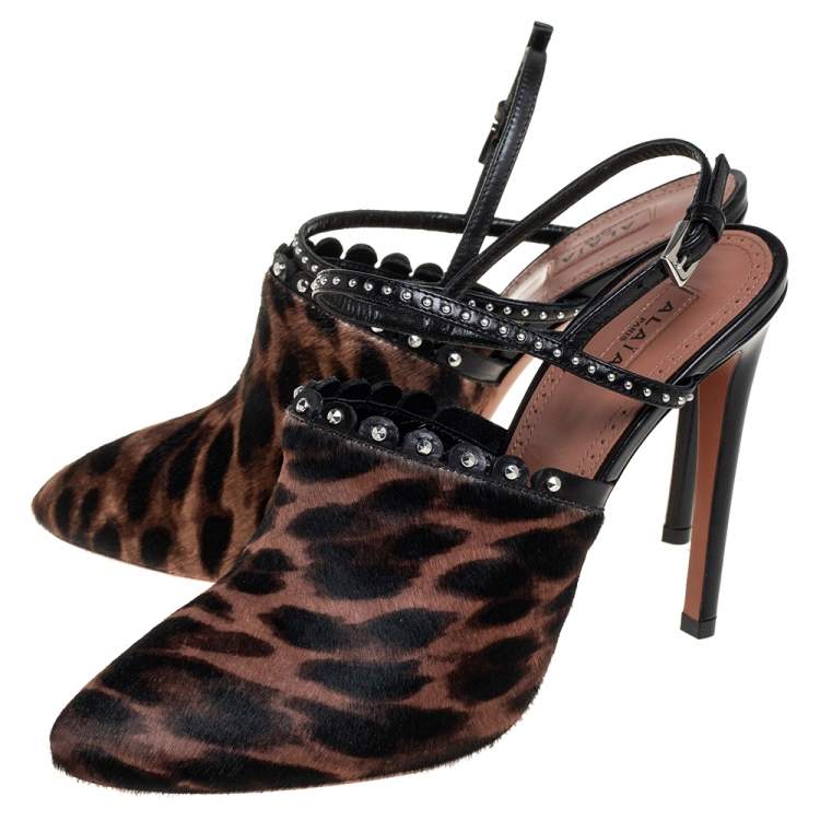 Pre Owned Alaia Brown Leopard Print Calf Hair And Studded Leather Slingabck Sandals Size 39
