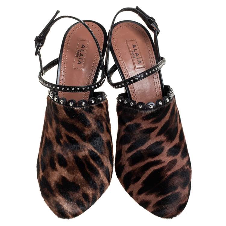 Pre Owned Alaia Brown Leopard Print Calf Hair And Studded Leather Slingabck Sandals Size 39