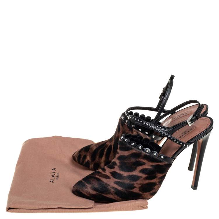 Pre Owned Alaia Brown Leopard Print Calf Hair And Studded Leather Slingabck Sandals Size 39