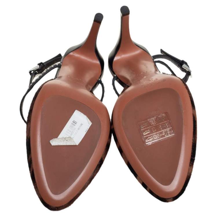 Pre Owned Alaia Brown Leopard Print Calf Hair And Black Studded Leather Slingback Sandals Size 37
