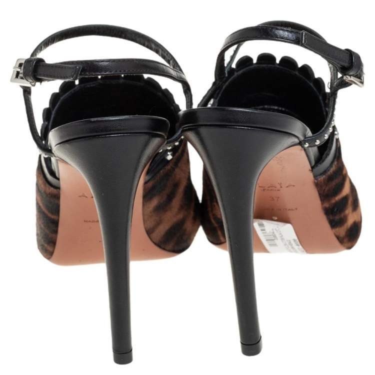 Pre Owned Alaia Brown Leopard Print Calf Hair And Black Studded Leather Slingback Sandals Size 37