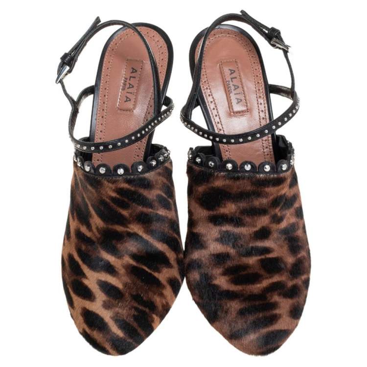 Pre Owned Alaia Brown Leopard Print Calf Hair And Black Studded Leather Slingback Sandals Size 37